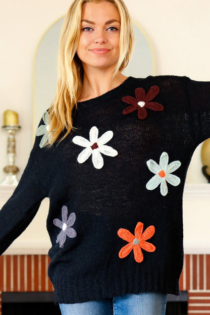 Long Sleeve Flower Patches Sweater Knit Top