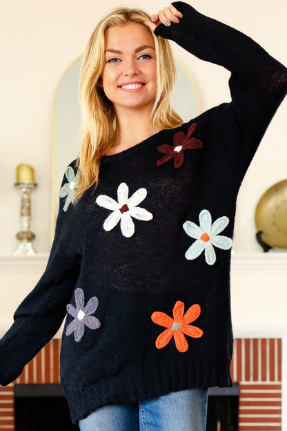 Long Sleeve Flower Patches Sweater Knit Top