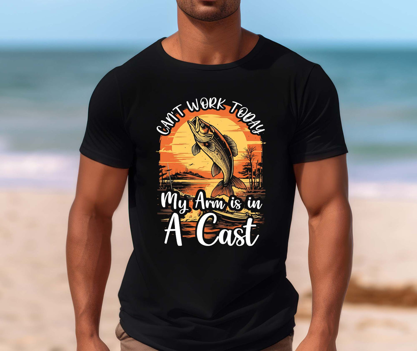 Men's Black Funny Graphic Tee, Fishing T-shirt