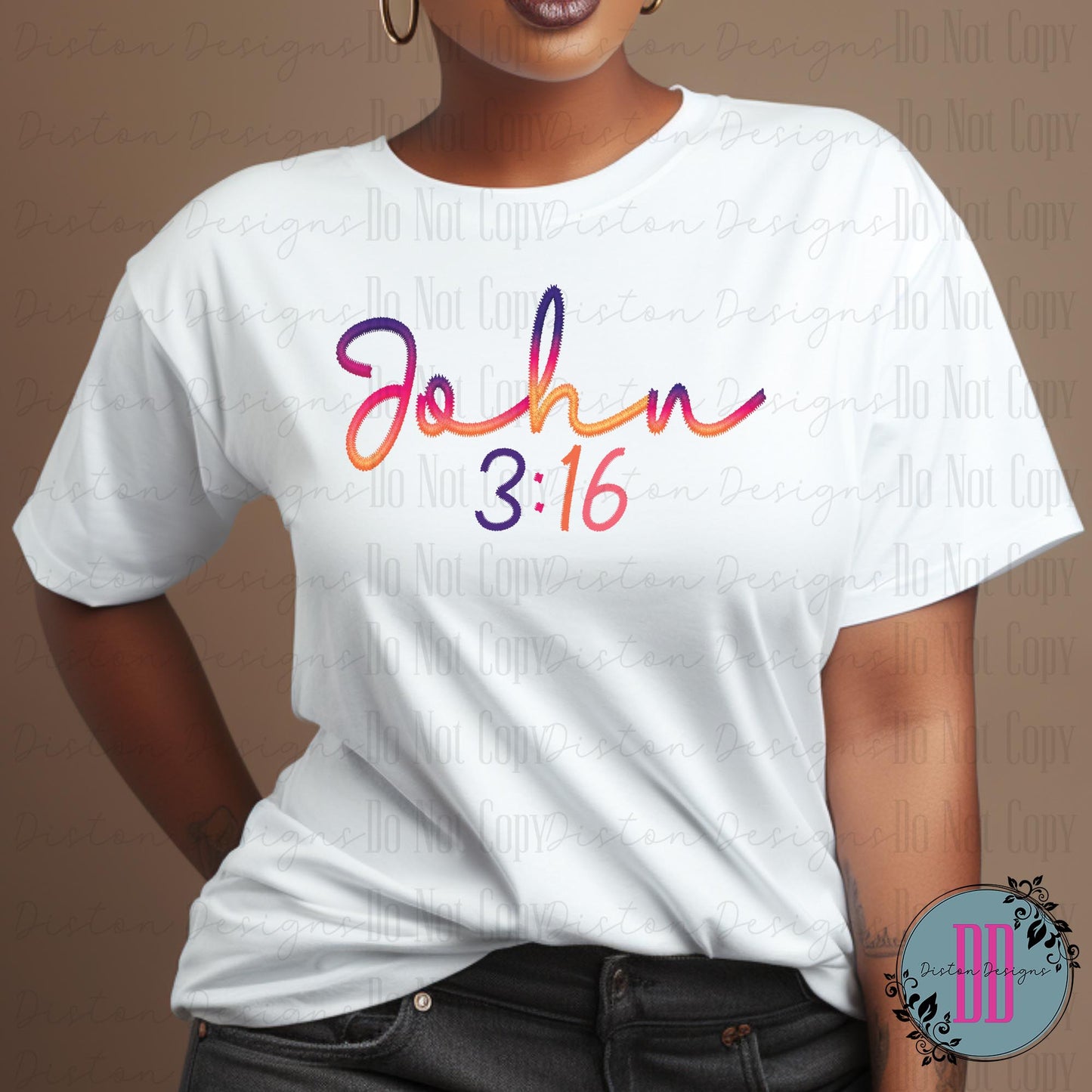 John 3:16 T-shirt: Faux Embroidered Script, Vibrant Gradient Colors, Gildan Soft Style for Women of Faith