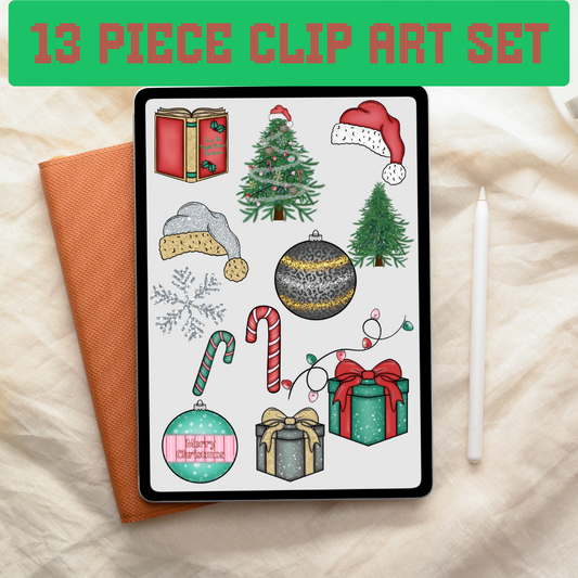 13 Piece Christmas Clipart Classic Red & Green, Silver & Gold