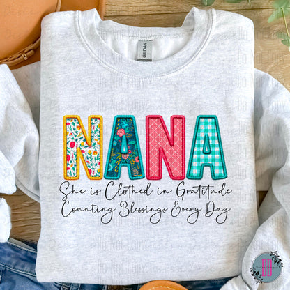 Mama Clothed in Gratitude Shirt: Faux Embroidery, Multiple Name Options, Gildan Comfort for Special Women