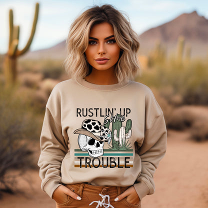 Rustlin' Up Trouble: Western Distressed Skull Tee/Sweatshirt for Women