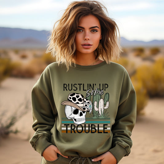 Rustlin' Up Trouble: Western Distressed Skull Tee/Sweatshirt for Women