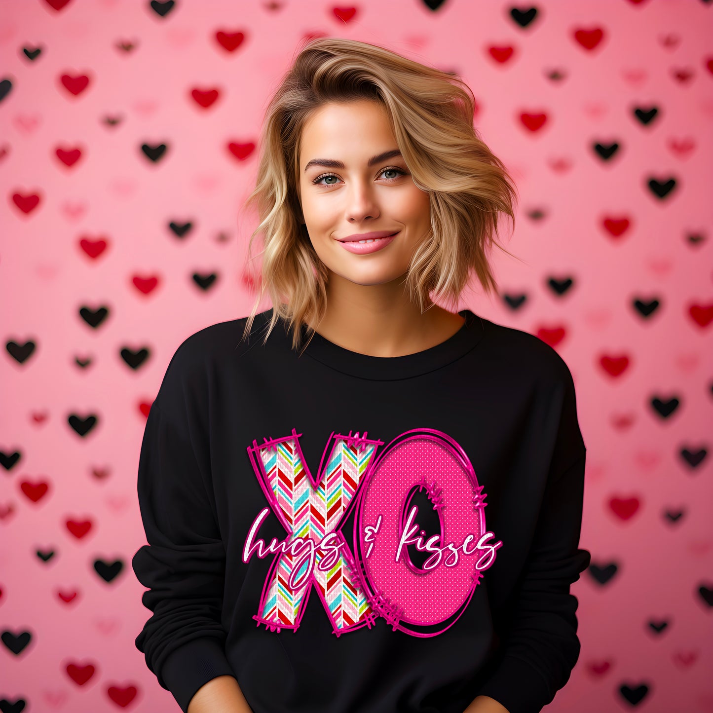 XO Hugs & Kisses Tee: Faux Embroidery, Vibrant Colors for Women