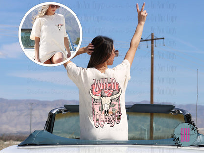 Wild West T-shirt: Distressed Graphic, Western Style, Cow Skull Pocket Design, 100% Cotton Comfort