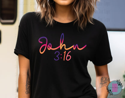 John 3:16 T-shirt: Faux Embroidered Script, Vibrant Gradient Colors, Gildan Soft Style for Women of Faith